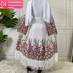 1904# 2021 Summer Black White Women Floral Embroidered Front Open Kimono Muslim Long Abaya