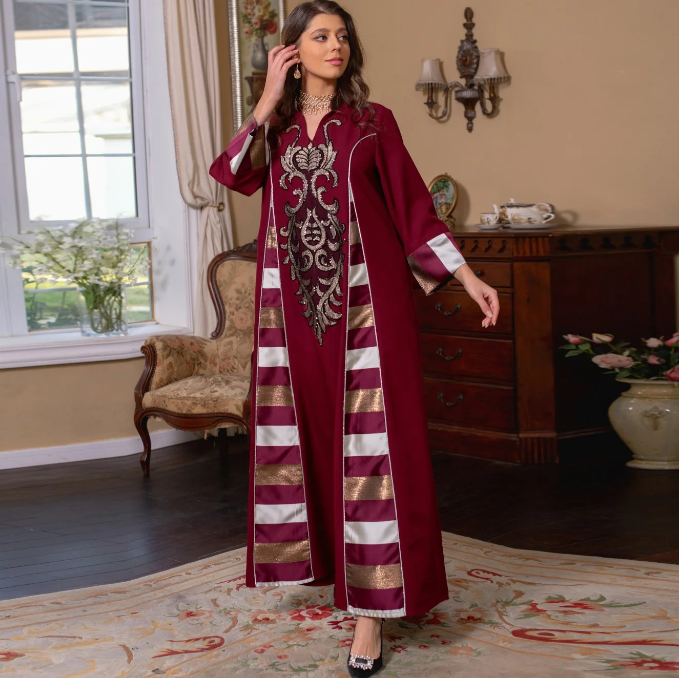 Middle East Eid Gulf Dress Dubai Saudi Arab Kuwait Women Muslim Beads Jalabiya Dress