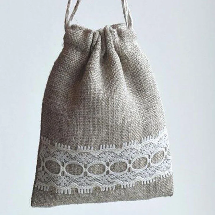 Fast Delivery Custom Logo Calico Small Gift Pouch Bag Linen Cotton Drawstring Bag With Lace For Lady Underwear Children Clothing