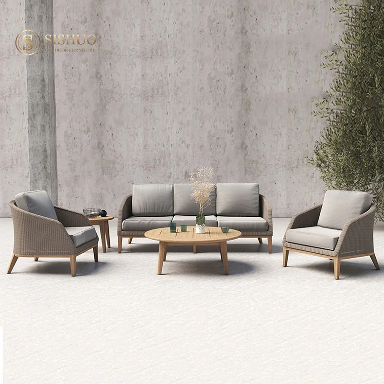 Wholesale Wicker Teak Wood Chair Sofa Garden Patio Weave Outdoor Furniture Courtyard Rattan Outdoor Furniture