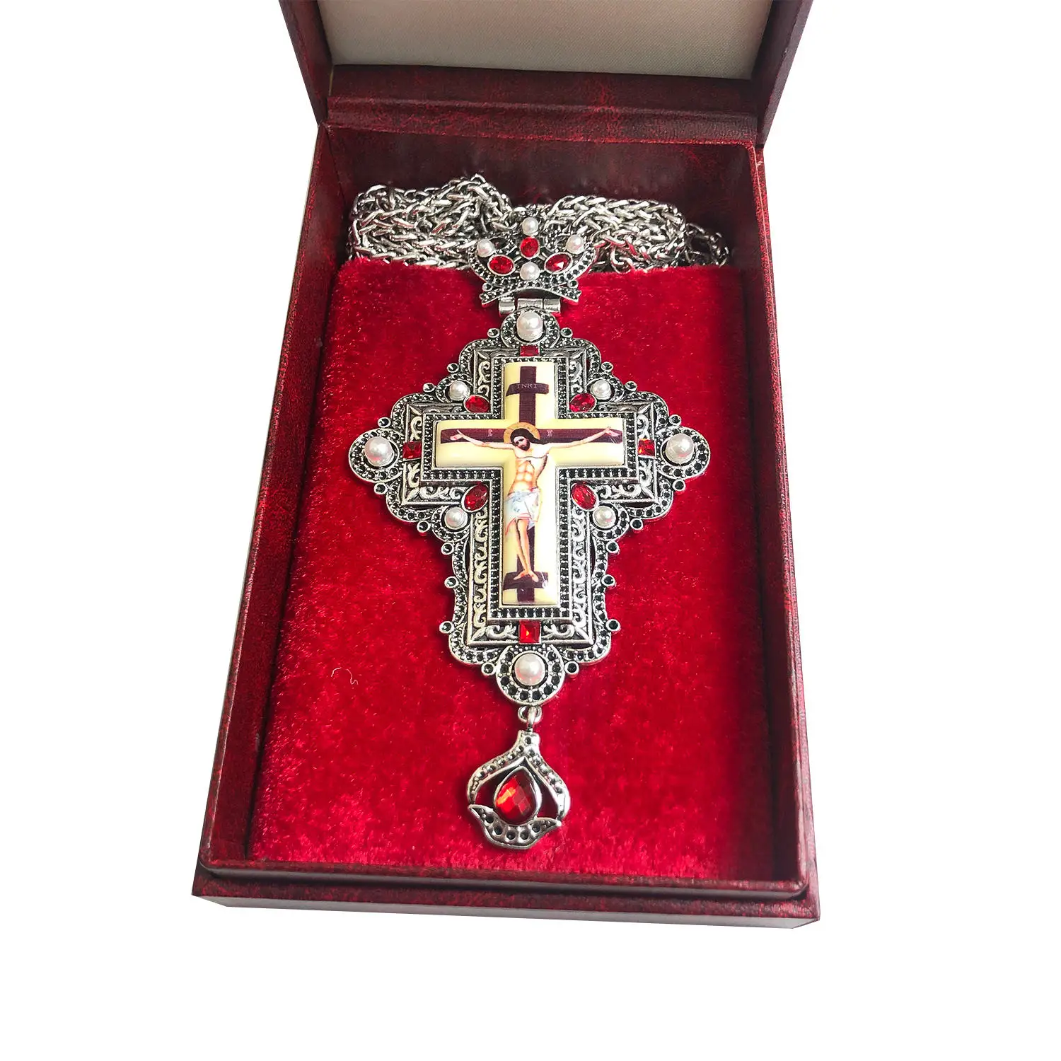 Russian Orthodox Priest Pendant Jewelry with Pearl Crown Gunmetal Red Stones Religious Pectoral Church Cross Necklace