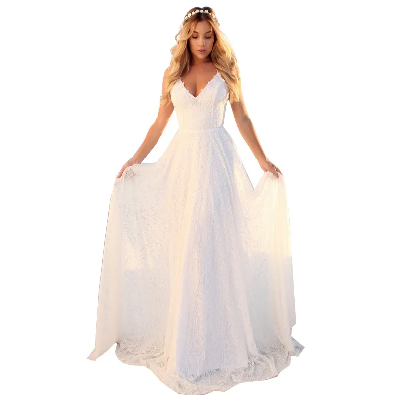 Европейское американское летнее новое платье, сексуальное платье на бретелях с v-образным вырезом, кружевное платье, длинная юбка, Прямая поставка