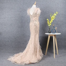 2022 High Quality Handmade Luxury Beaded Shiny Feather Slim-fit Mermaid Evening Party Dress