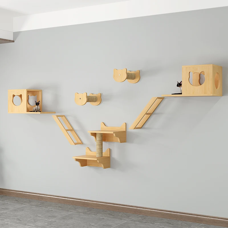 Pine bamboo cat wall climbing frame set of 5 cat wall furniture cat shelves and perches