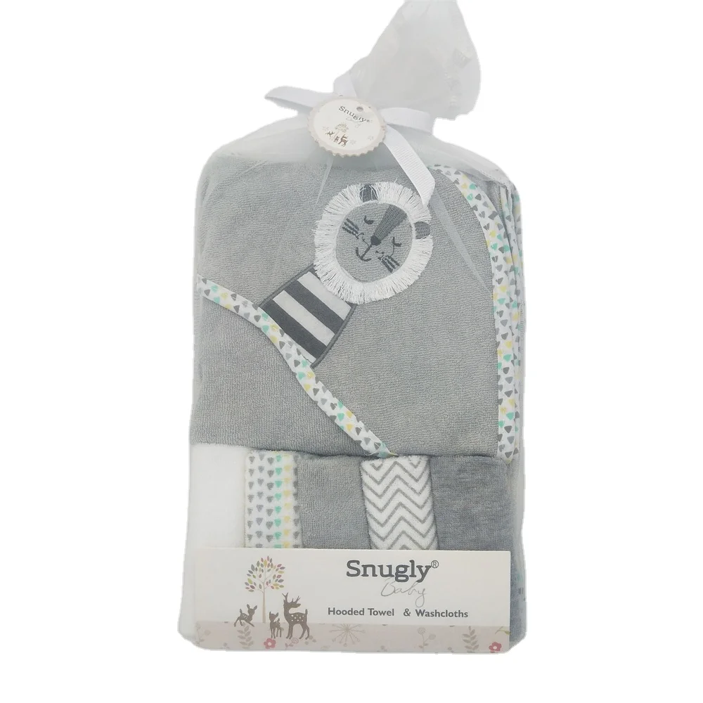 Wholesale Embroidered Lion Hooded Towel and Washcloths Set for Baby Bath