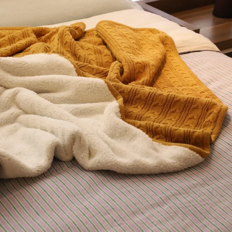 
Wholesale plush fluffy Plain yellow 100% cashmere wool cotton knitted throw blanket for autumn winter 