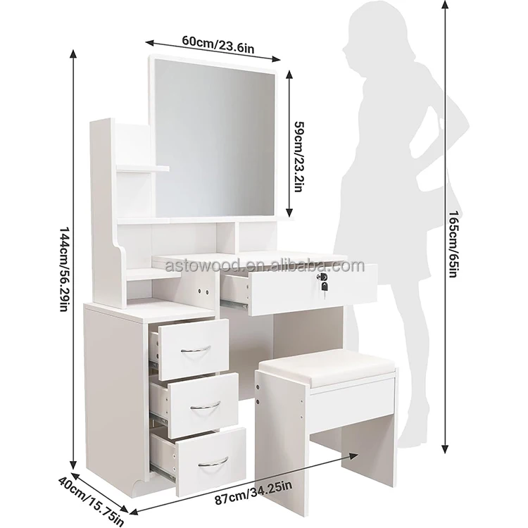 White Dressing Table Set with Mirror and Stool, 4 Drawers Vanity Table with Shelves for Girls Women Bedroom Makeup Desk