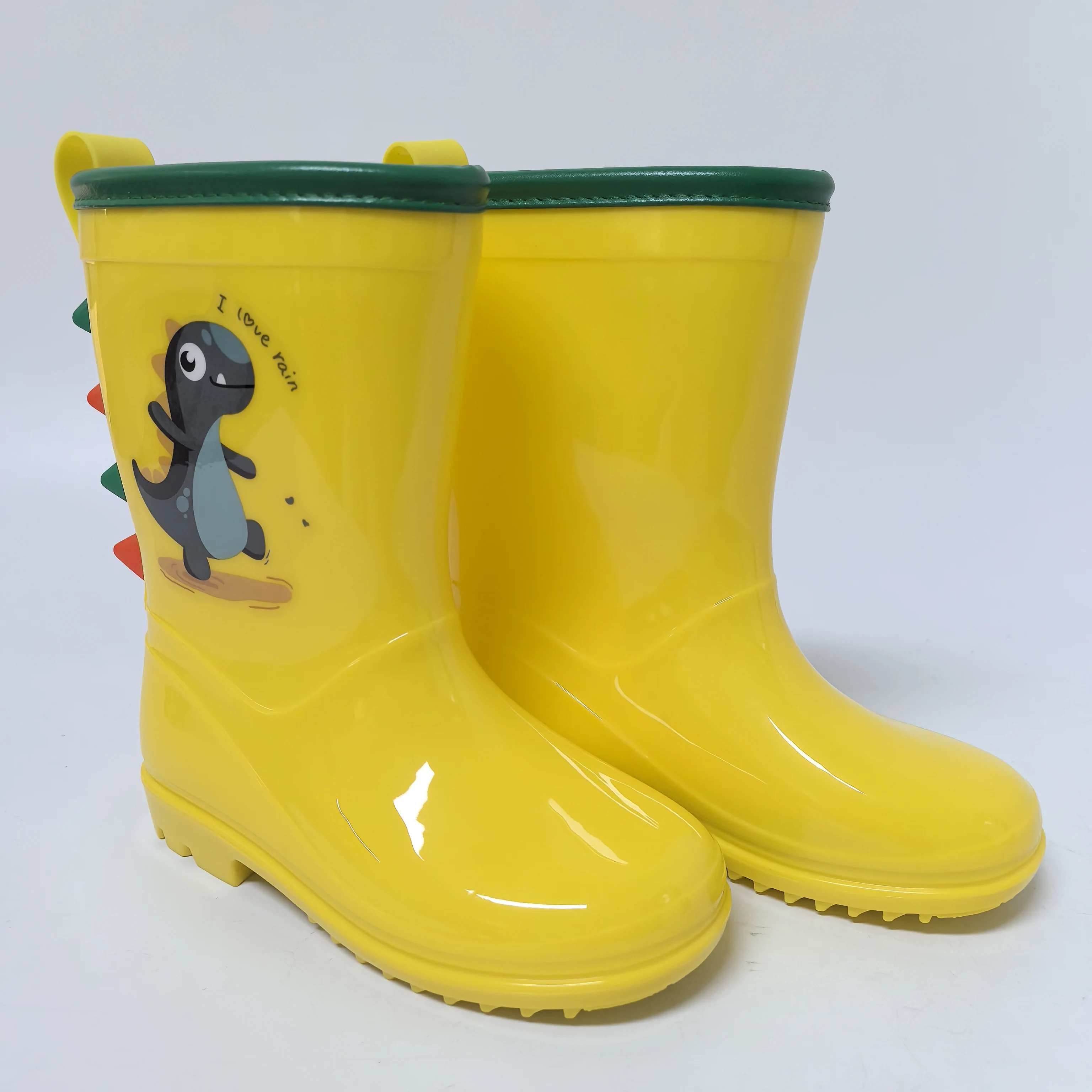 Yellow dinosaur Kids PVC water proof boots colorful topline transparent 3D girls