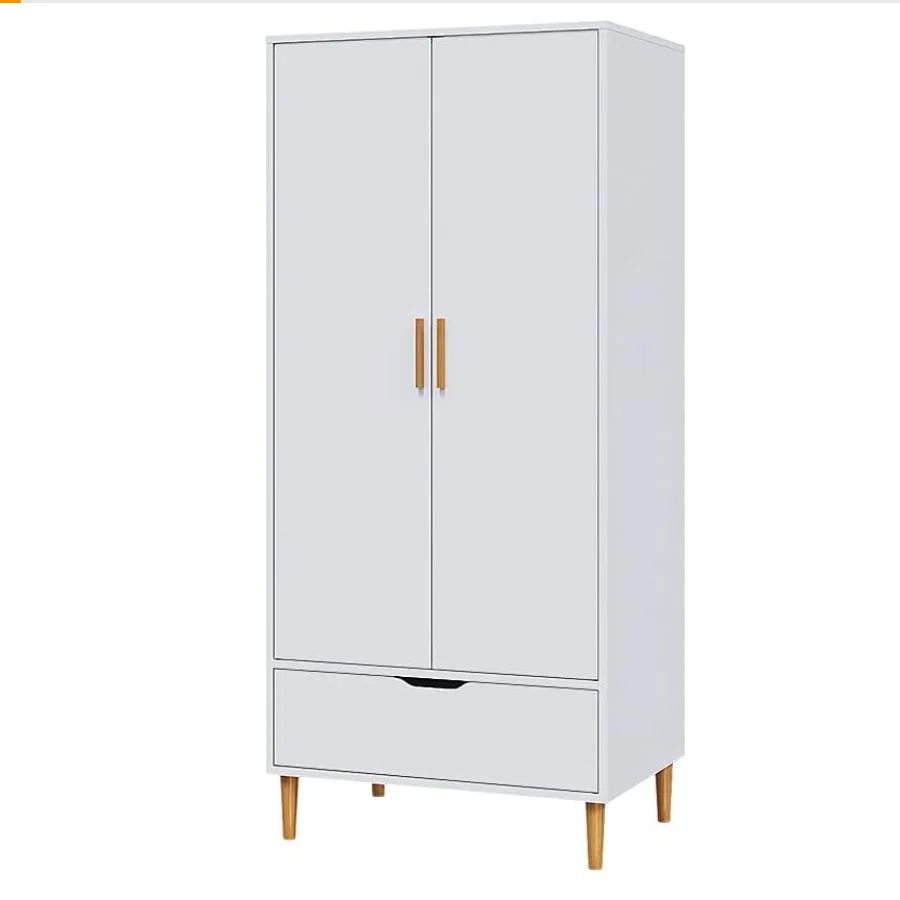 Modern 2 Door Wardrobe Clothes with Wood Leg Wooden Clothes Cabinet Furniture with Hanging Rail Storage Drawer Bedroom White