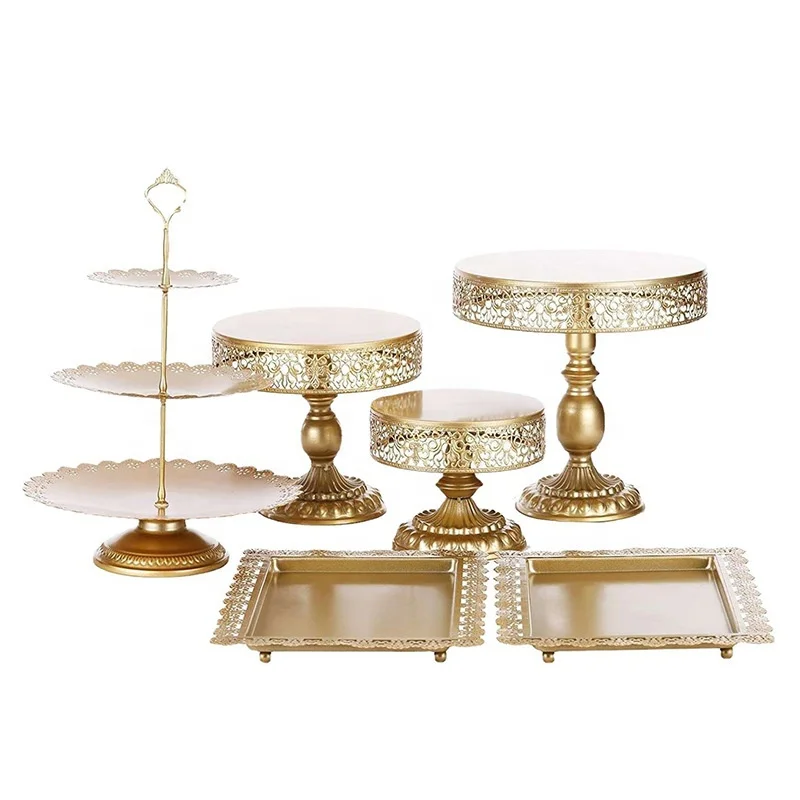 6pcs Golden Metal Cake Stand Set Centerpieces Candy Fruit Display Plate Dessert Holder Cake Server Tray Wedding Party Decoration