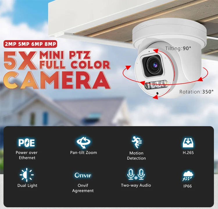 2MP Built-in Mic/Speaker/SD card  PTZ  Camera Ethernet Powered 1080P Support Alarm P2P  Humanoid detection 5X Motor Lens Camera