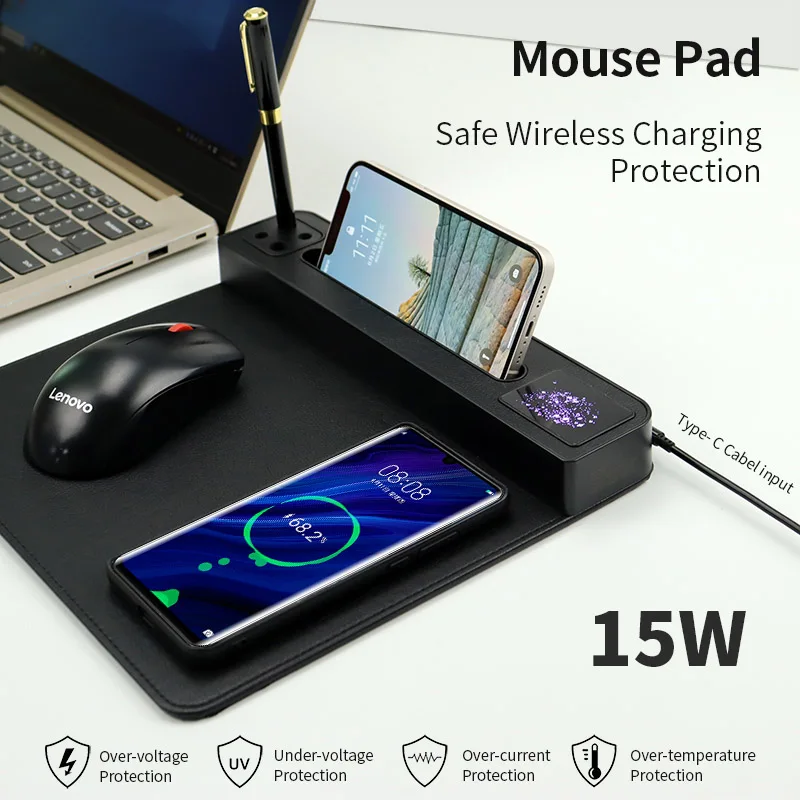 5 in 1 wireless charger mouse pad with LED logo Blue Mouse mat Rechargeable mouse pad with phone holder and pen insert storage