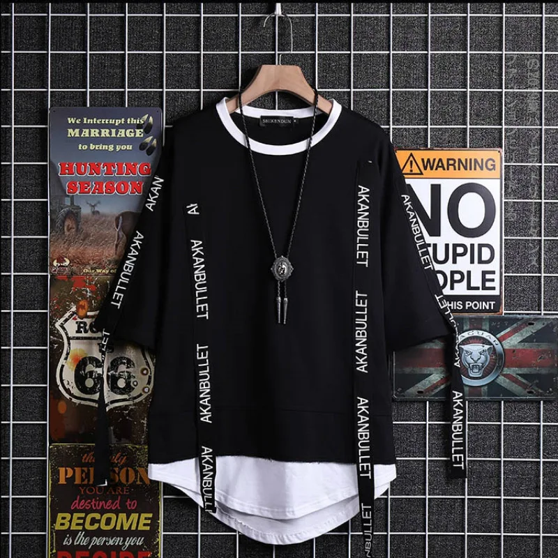 Hot New Products Originality Streetwear Hip Hop Clothing Plain No Brand Black Men Short-Sleeved T Shirts With Tape