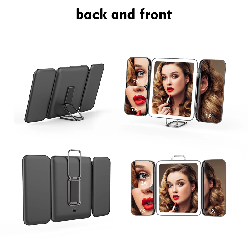 Custom Logo Desk Table With Light 3x 7x Magnifying Portable Tri Fold Led Makeup Trifold Mirror