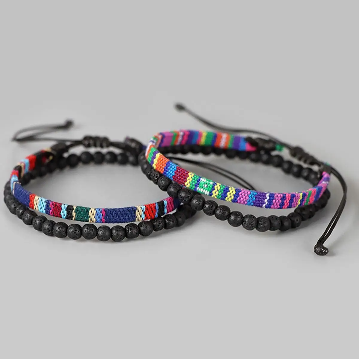 2 Pcs Set Bohemia Style Handmade Woven Tape Bracelet with 4mm Lava Stone Beads Charm Bracelet for Men and Women
