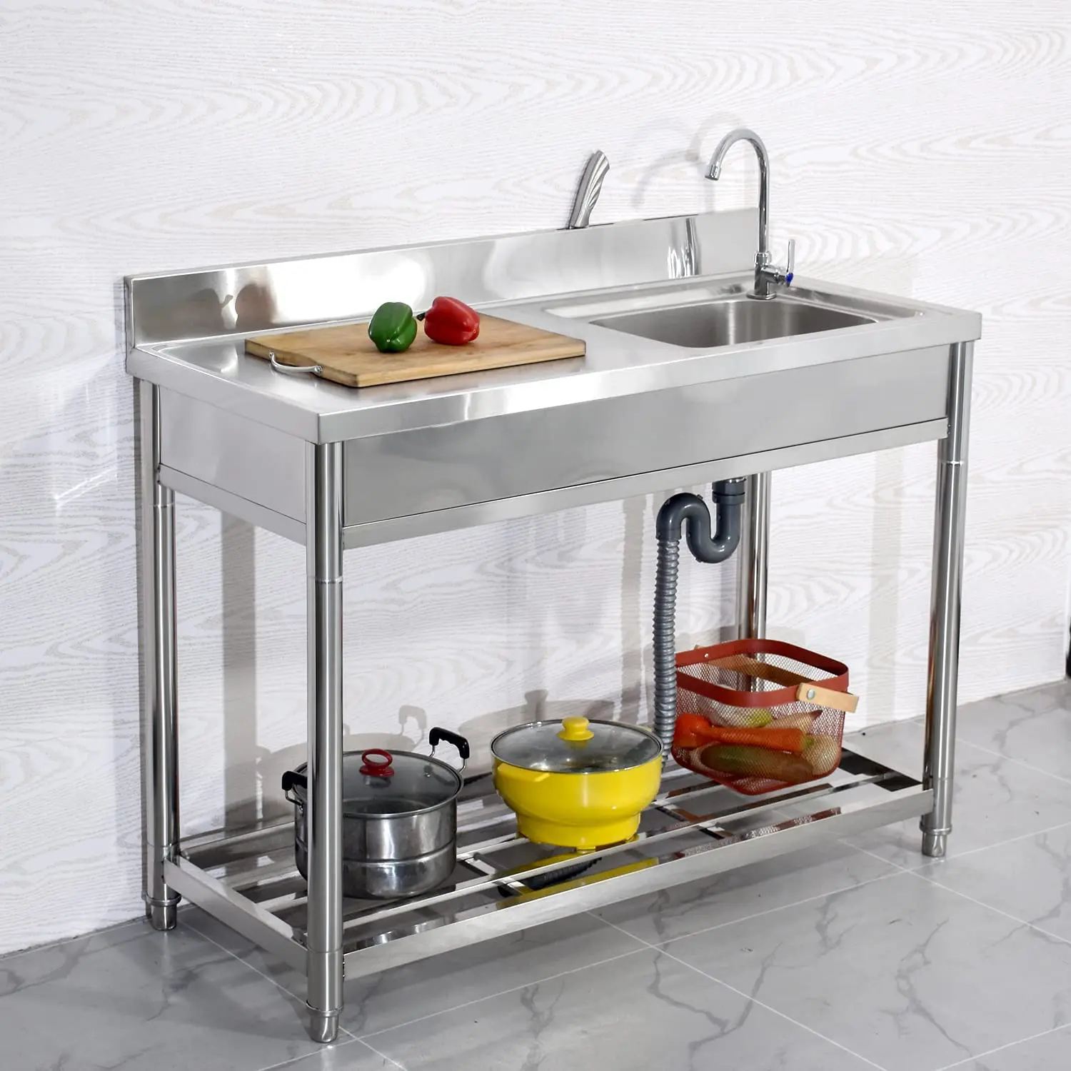 Free Standing Stainless-Steel Single Bowl Restaurant Kitchen Sink Set w/Faucet Drainboard Hand Basin w/Workbench Storage Shelves