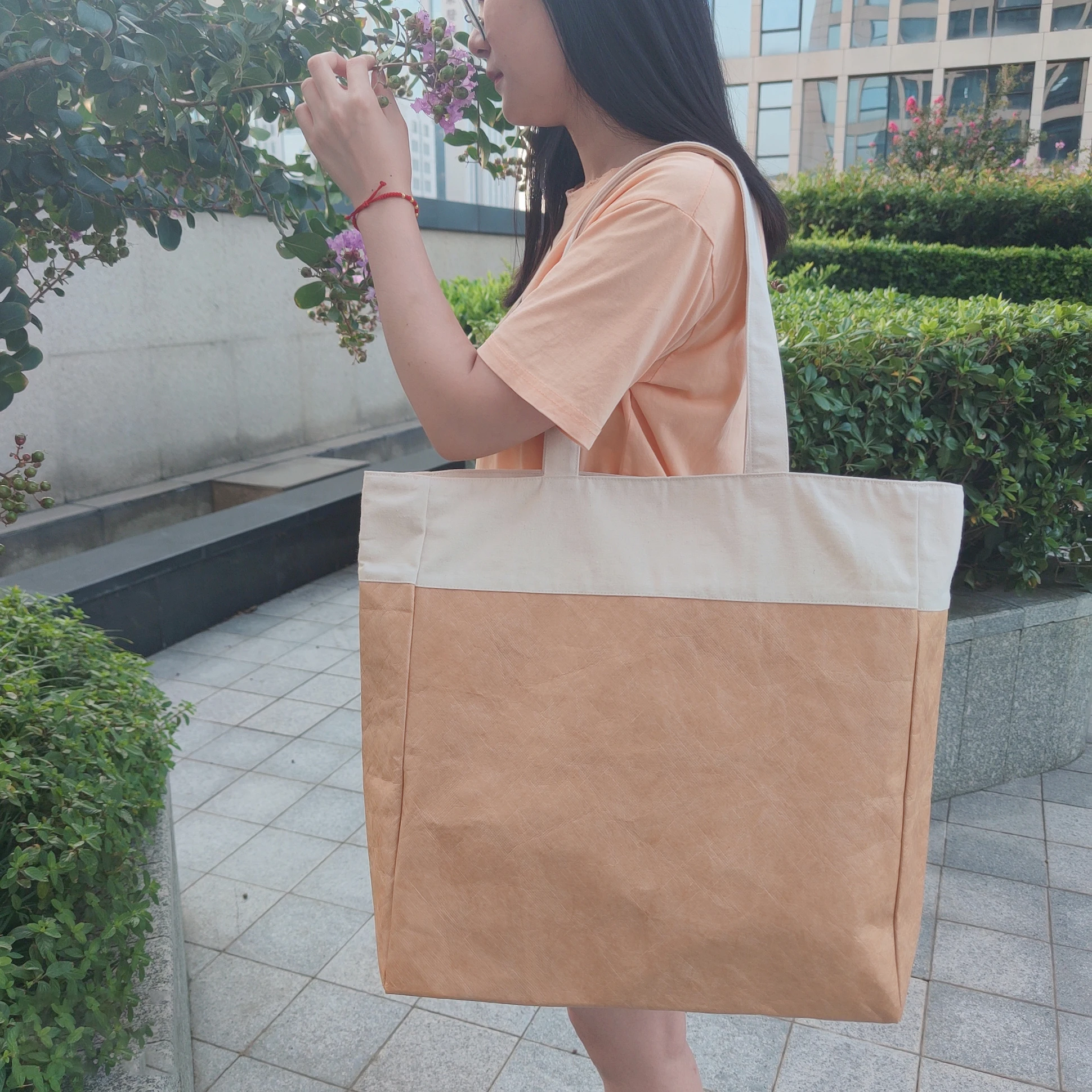 Custom Logo Waterproof Tyvek Tote Shopping Bag Combined With Cotton Canvas Handles High Quality Washable Paper Tyvek Bag