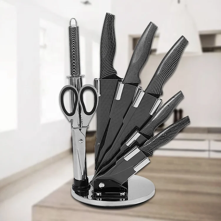 China Dinnerware Set 8 pcs Non Stick Coating Kitchen Knife Set With Acrylic Stander And Knife Roll Sharpener