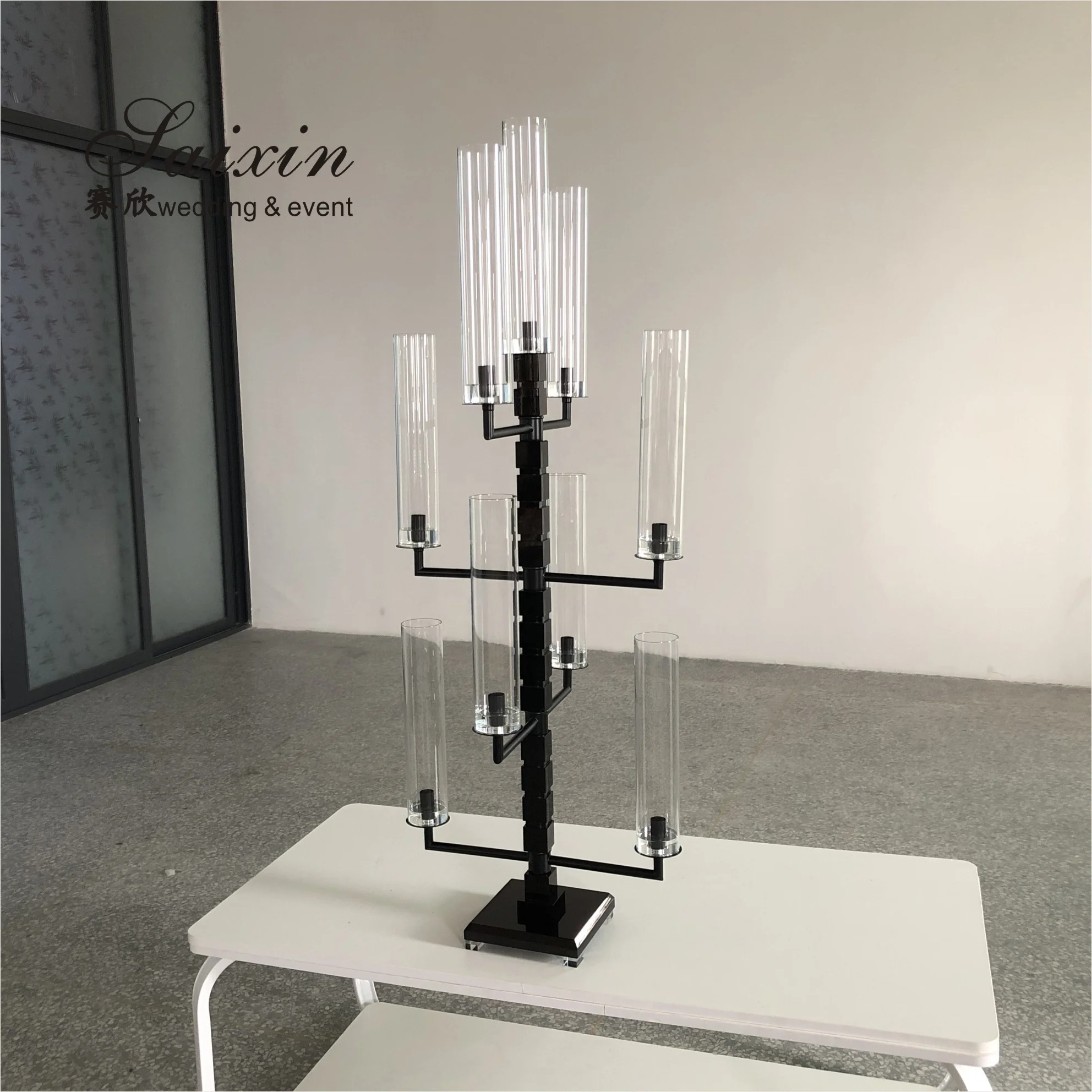 New saixin custom tall 9 arms glass tube metal candle holder for wedding centerpieces