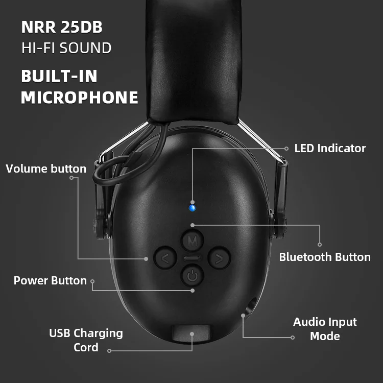 2023 Safety Hearing Protection Earphone with V5.0 Bluetooth With USB  Ear Muff Noise Cancelling Ce Approval Sport Headphones