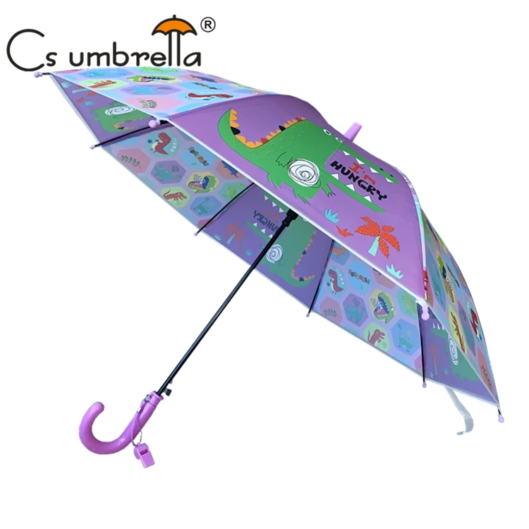 YS-6016 Kids Umbrella With Whistle Dinosaurs Cartoon Printing Match color Handle And Tips Straight POE Umbrella For Kids