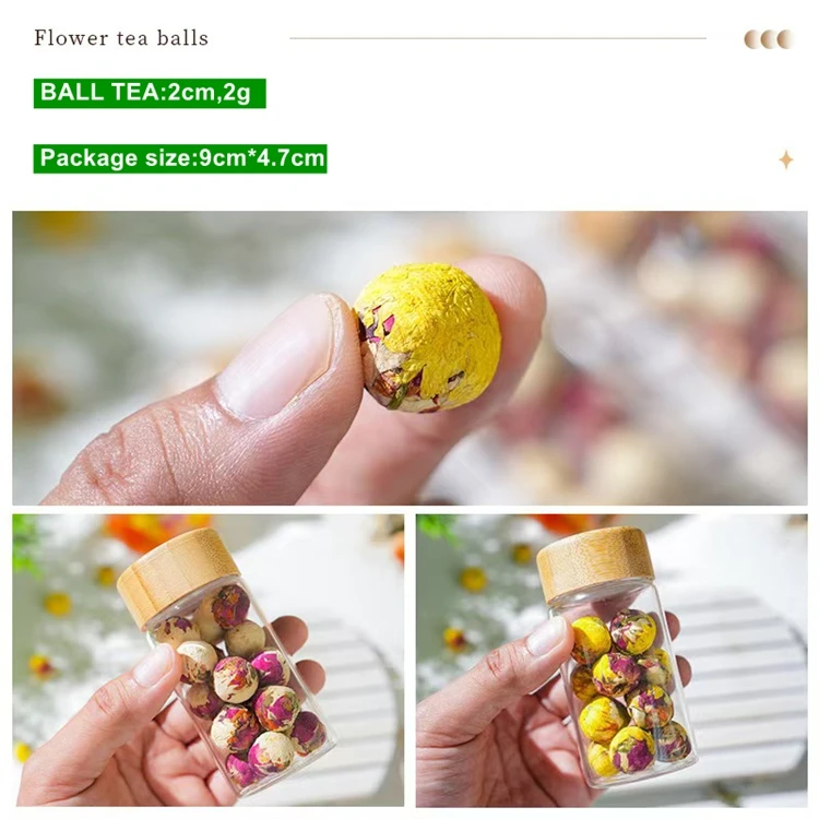 OEM Private logo 2g flower tea handmade gift glass bottle package dried mixed rose jasmine flowers lily blooming ball tea