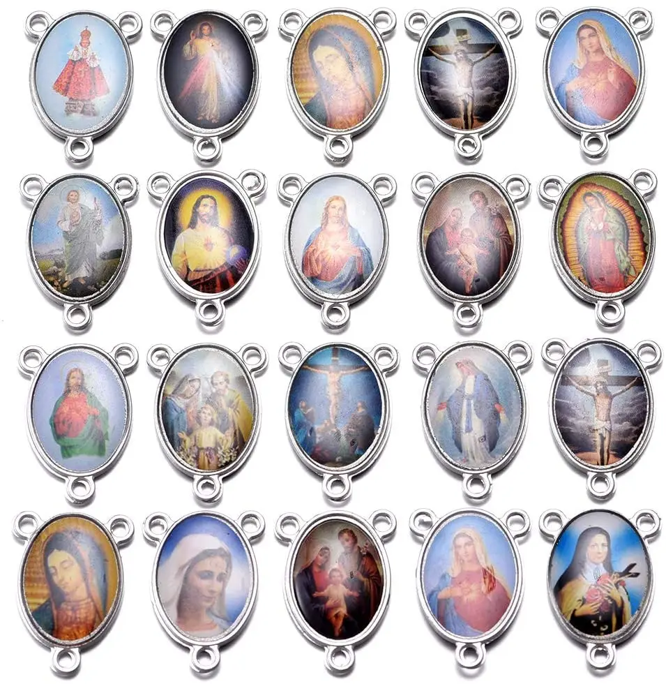 40pcs Mix Picture Rosary Cross and Center Miraculous Jesus Maria Crucifix Charms Pendants for Crafting Rosary Necklace Bracelet