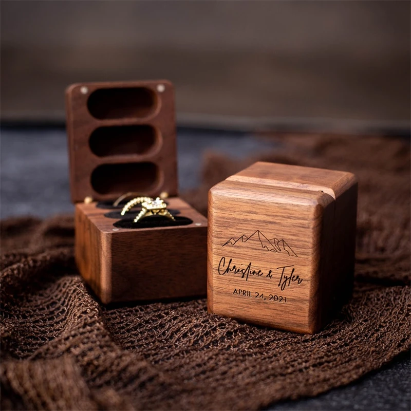 Factory Wholesale Gifts Wood Personalise Triple Flip Weeding Handmade Walnut Small Design Modern Wooden Ring Box