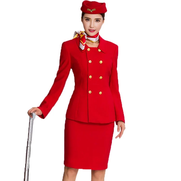 Custom Best Quality Cabin Crew Uniform Red Flight Attendant Uniform Suits Stewardess Uniforms