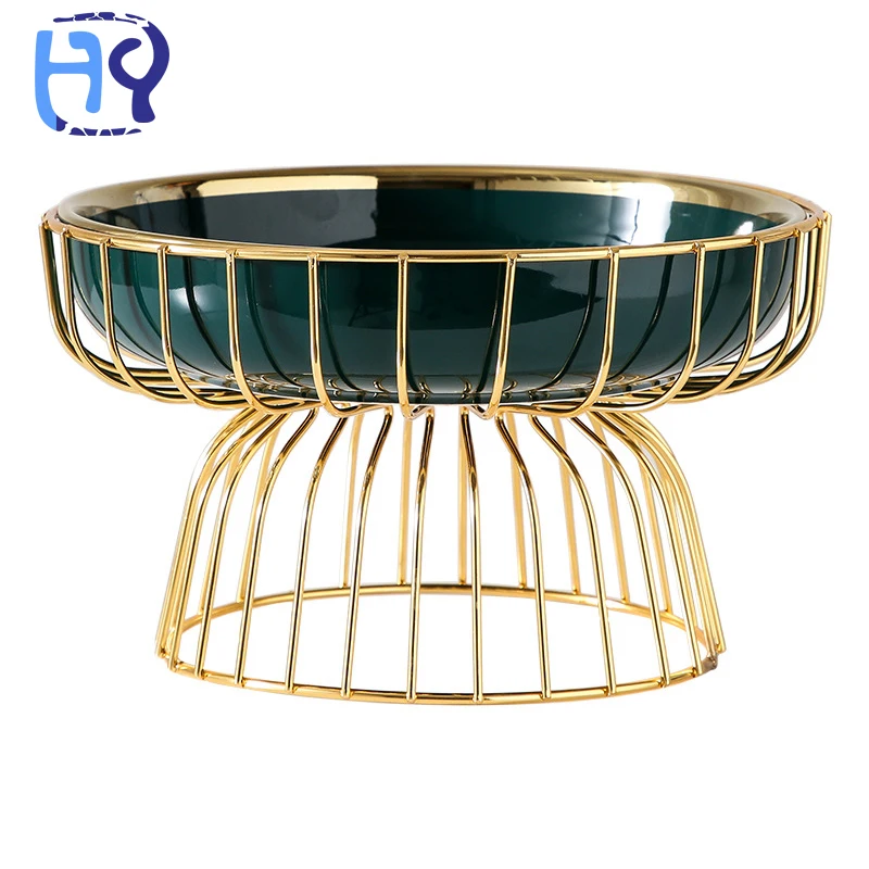 HY metal high-footed snack plate living room swing plate ceramic light luxury iron dry fruit plate