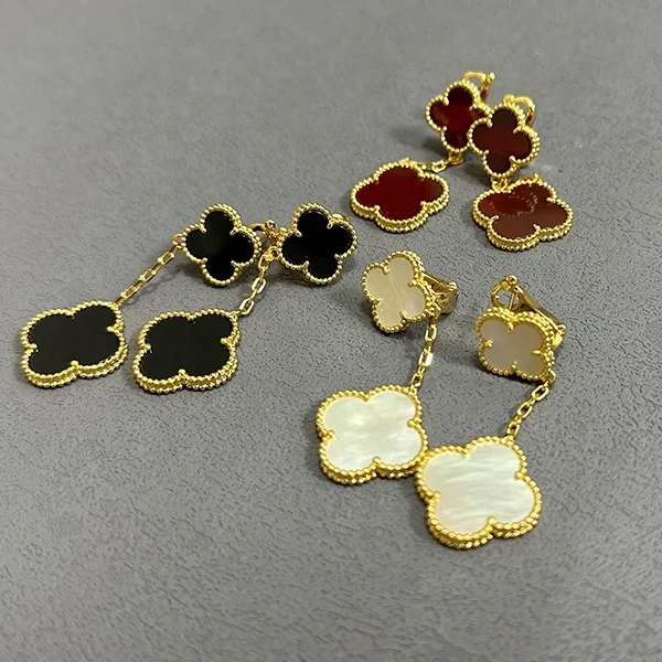 High quality s925 sterling silver 18K gold rose gold leaf two flower earrings women onyx mother ear clips factory wholesale