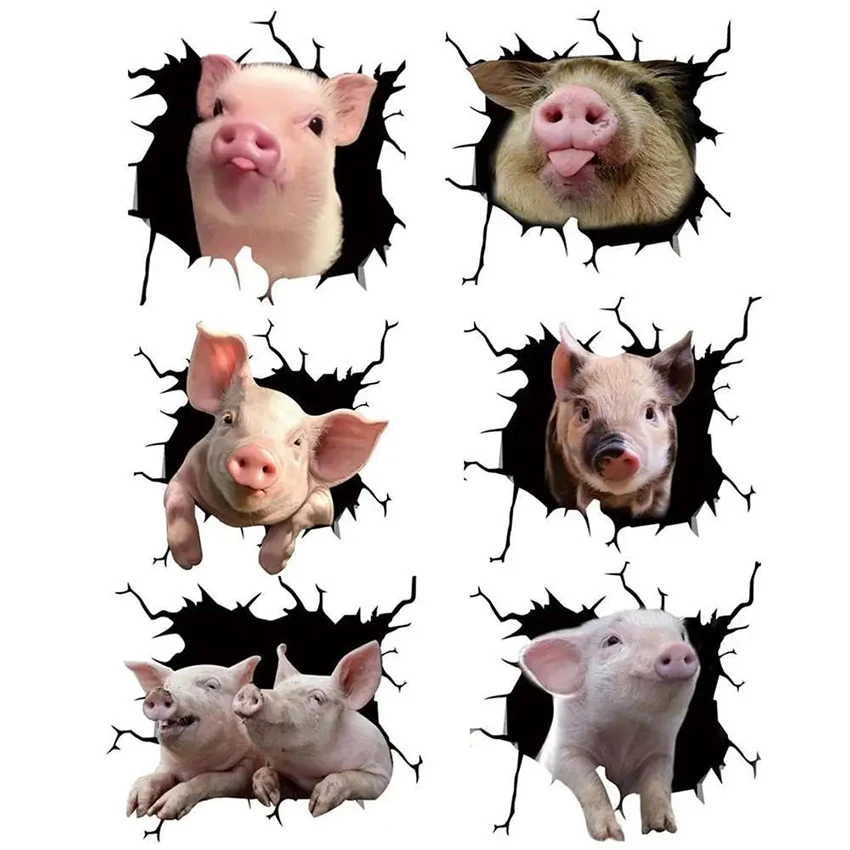 New Custom water proof 3D pig cute pig wall animal crack wall breakthrough wall farm animal pig decor car stickers  set