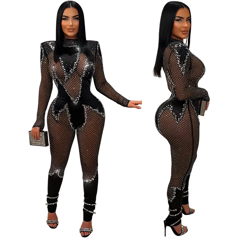 2024 women club sexy long sleeve solid bead crystal rhinestone sparkle fishnet studded teddy jumpsuit bodysuit with rhinestones
