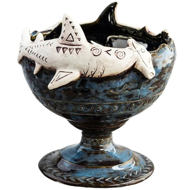 Custom high quality bar ware ceramic animal sharing bowl sharer decorative hammerhead shark communal tiki bowl