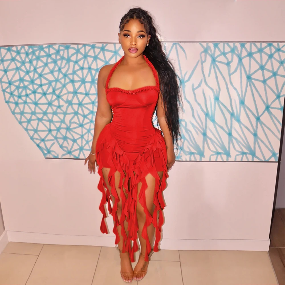 OJW071442 Sexy summer fringed tassel mini halter dresses designer short backless dress