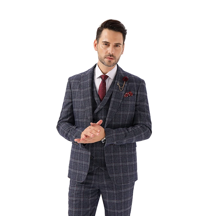 3 piece pictures grey plaid wedding coat pant cashmere England style men suit