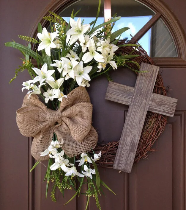 Easter Wreath with Cross Easter Bunny Wreath Door Hanging Decoration