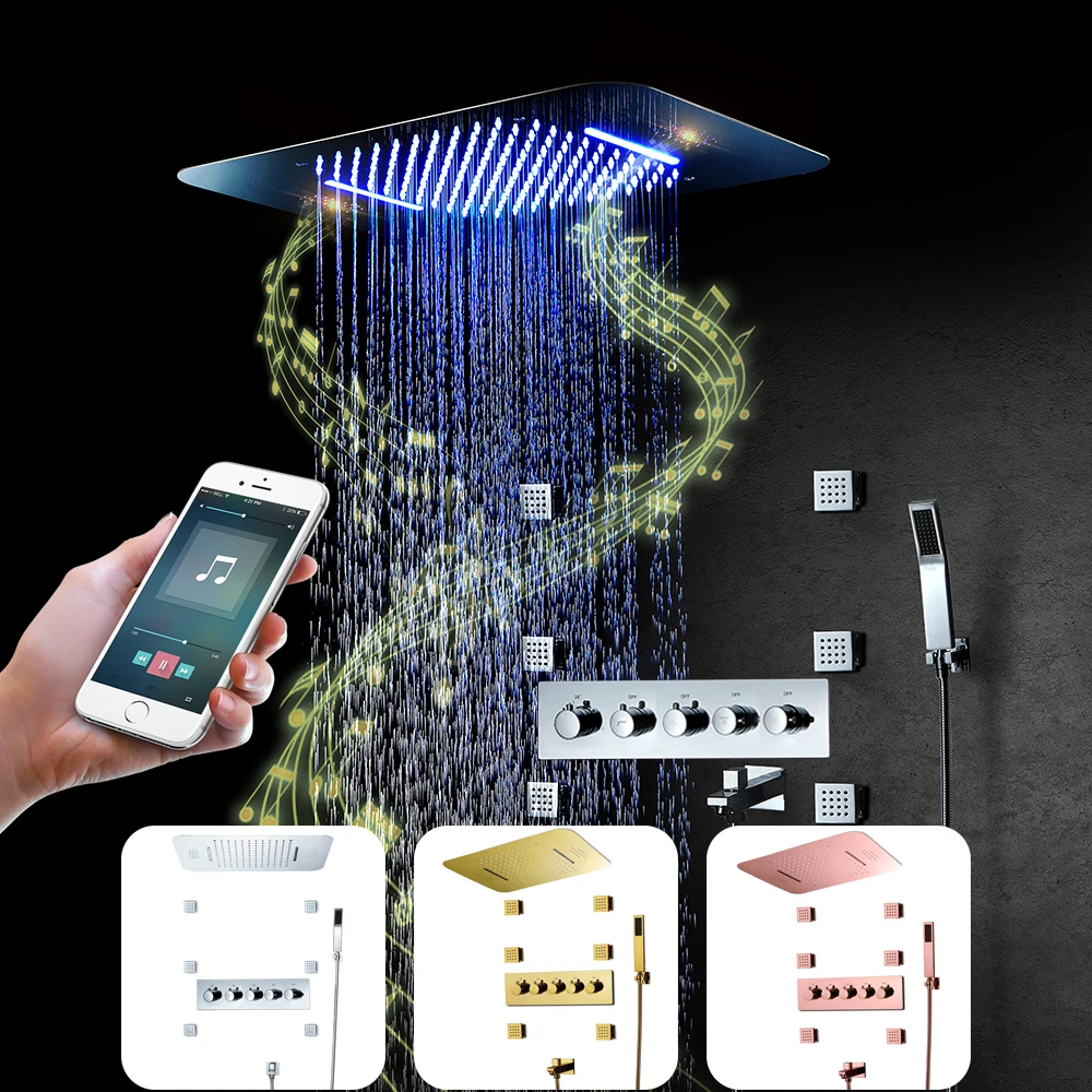 Bathroom Rainfall Waterfall LED thermostatic Shower Faucet with Shower Body Jet and music function shower head (1600186655380)