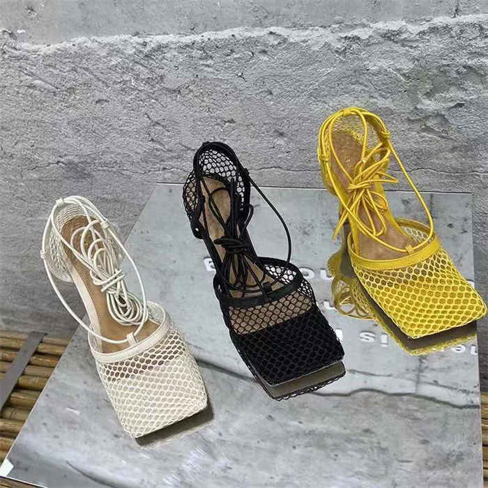 Designer  hight heel for lady square toe lace up heels black mesh sandals rope low heel slipper for women summer