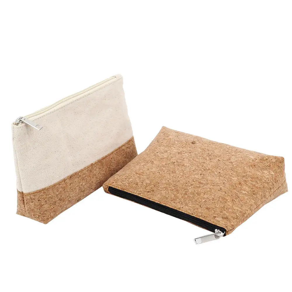 Eco Friendly Natural Cork Makeup Cosmetic Bag Wholesale Travel Toiletry Bag With Logo Custom Canvas Zipper Pouch