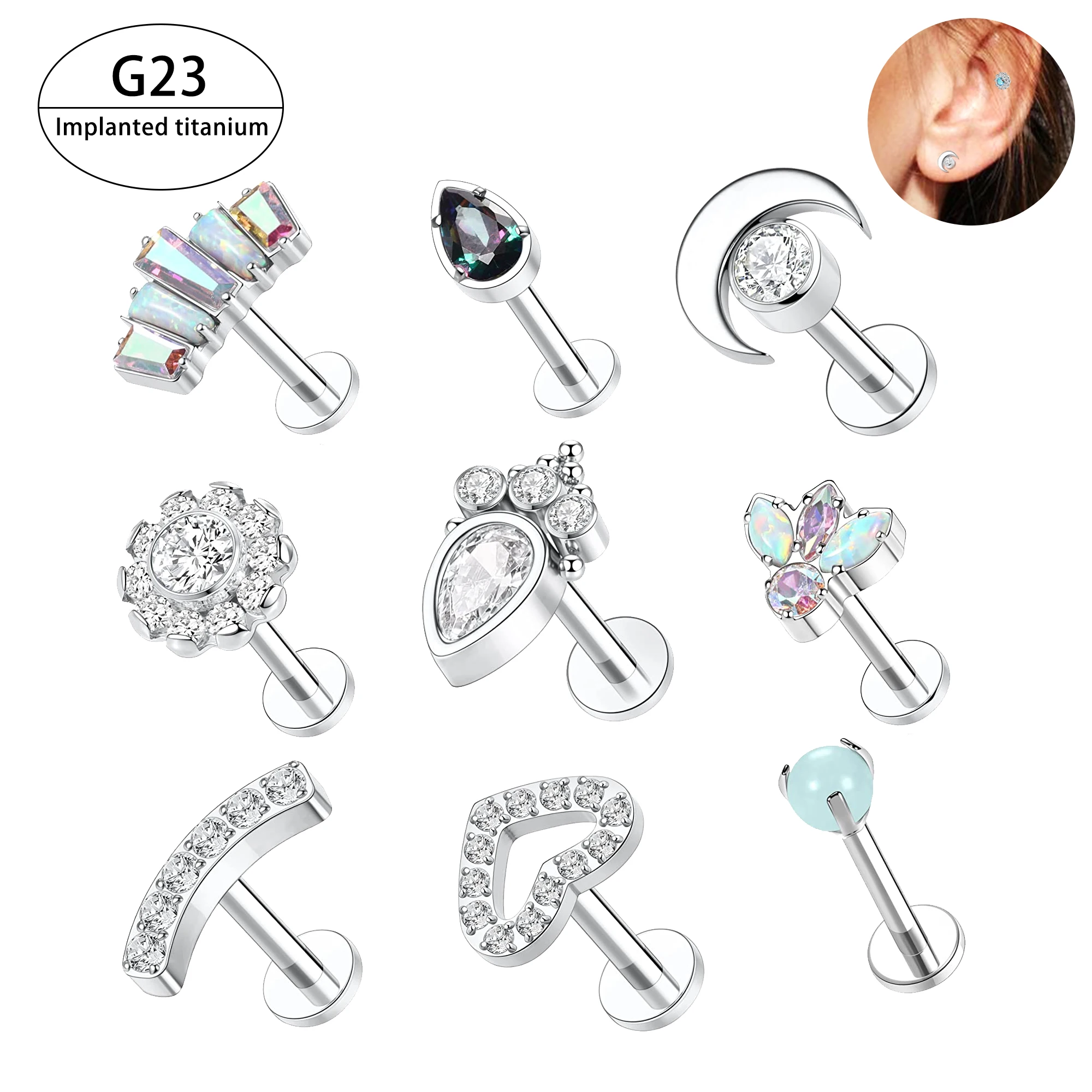 F136 Titanium piercing earrings CZ internal threadedpiercing earrings tragus cartilage flat back earring stud Body jewelry