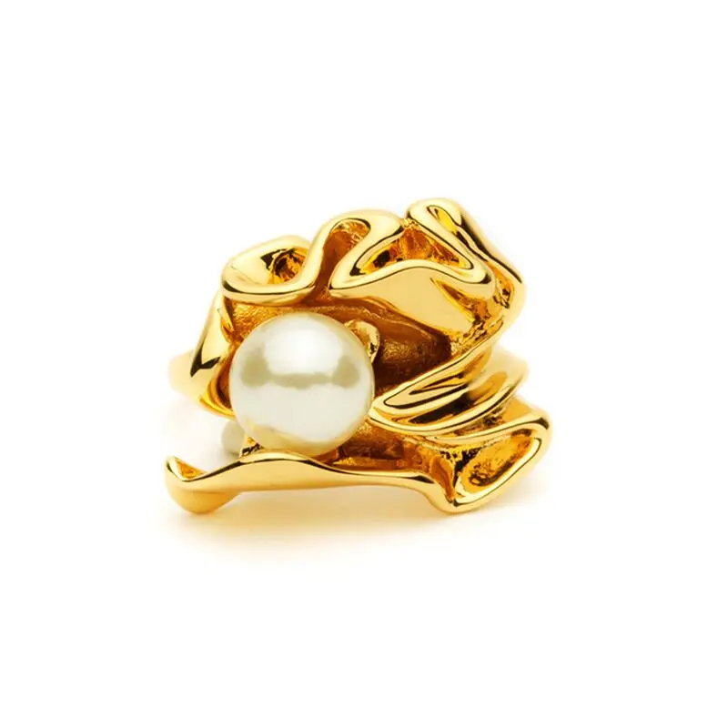 Brass 18K Gold Plated Imitation Pearl Folded Irregular Rings for Women