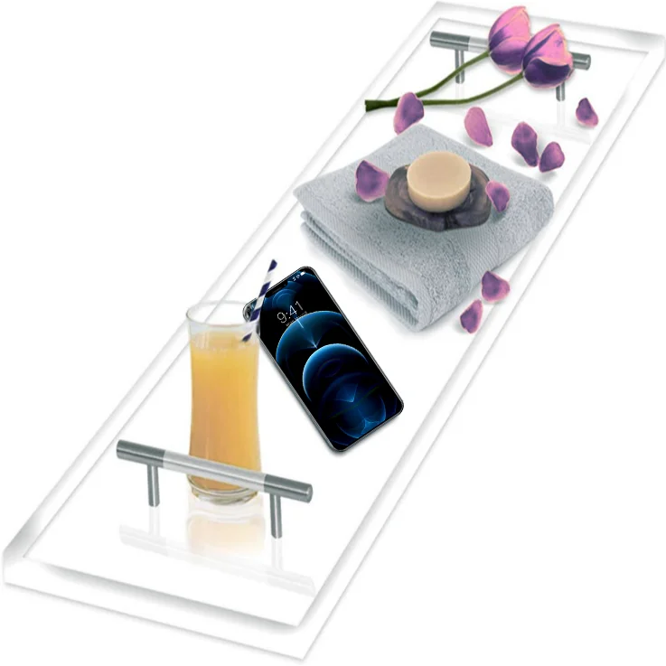 stackable square acrylic shower desk serving trays with gold handles