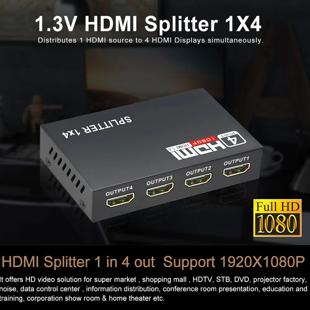 Cheap OEM 1 x 4 4 Output HDMI Splitter 1x4 4 Ports Full HD 1080P 3D Converter Adapter Box