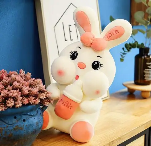 pink Big Eyes Bunny with Milk Bottle Stuffed Toy Custom Cute Plush Pillow