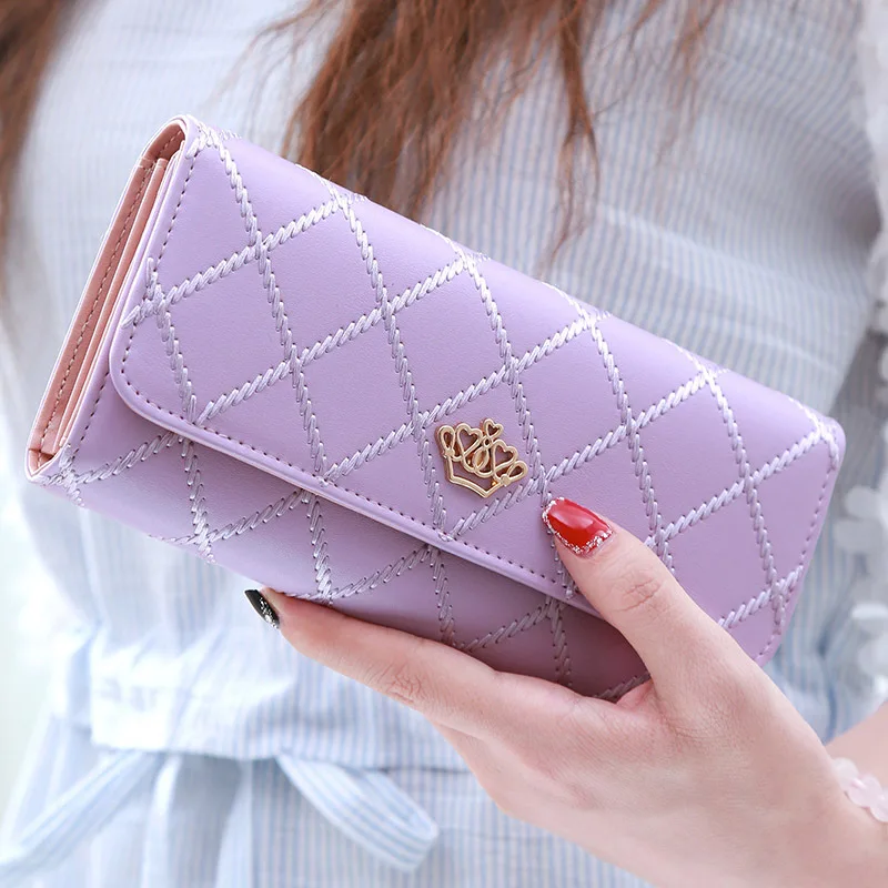 Wholesale  Tri-fold Button Closure Long Purse Women Multi Card Organizer Golden Crown Candy Colors Thread Lattice Clutch  Wallet