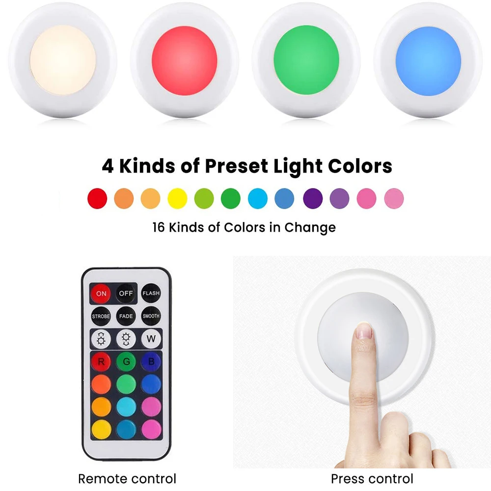 
Wireless RGB RGBW LED Puck Light with Remote Control Under Cabinet Closet Light Stick On Lights For Kitchen Wall Wardrobe 
