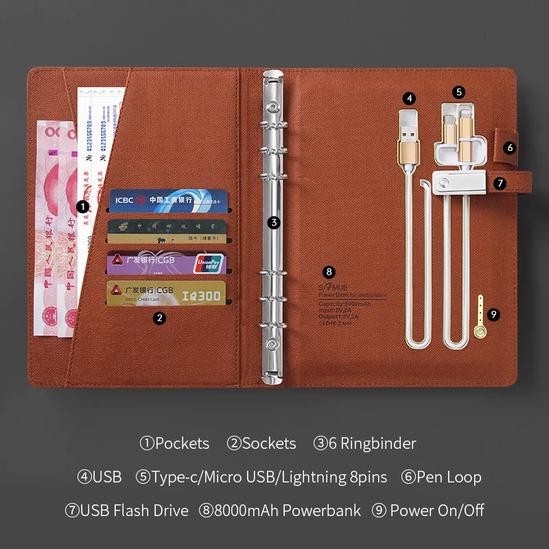 Hotselling A5 brown leather charging notebook with 8000 mah powerbank and 16G USB flash drive