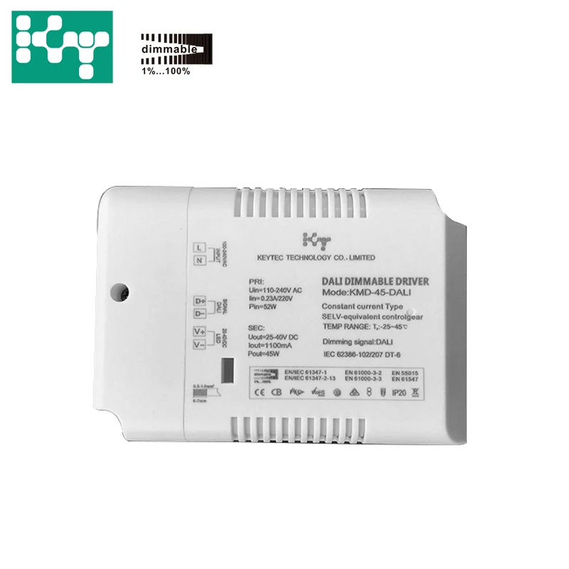 Светодиодный драйвер DALI с регулируемой яркостью 45 Вт 25-40 В постоянного тока 1100 МА PF0.95 IP20, постоянный ток