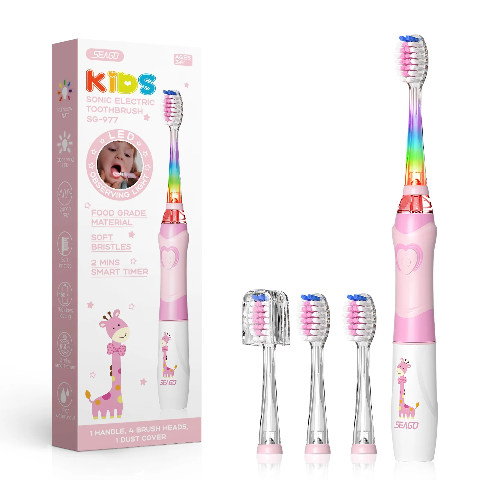 2024 OEM hot-selling SG977 kids cute LED electric toothbrush IPX7 Smart timer Battery-operated 4 Modes Observation Led